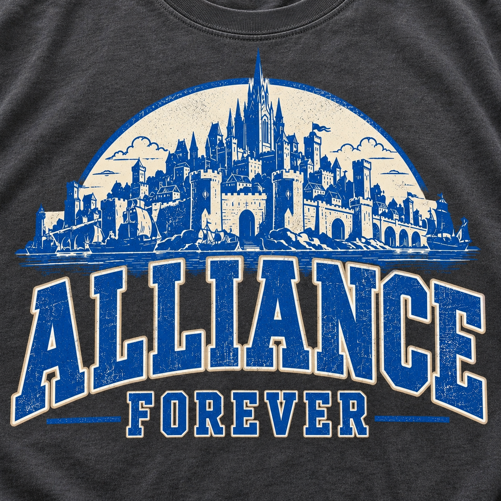 Print close-up of the "Alliance Forever" gamer T-shirt by SarcasmArt in Pepper: blue fantasy castle city skyline in a pale half-circle above bold blue varsity lettering ALLIANCE FOREVER.