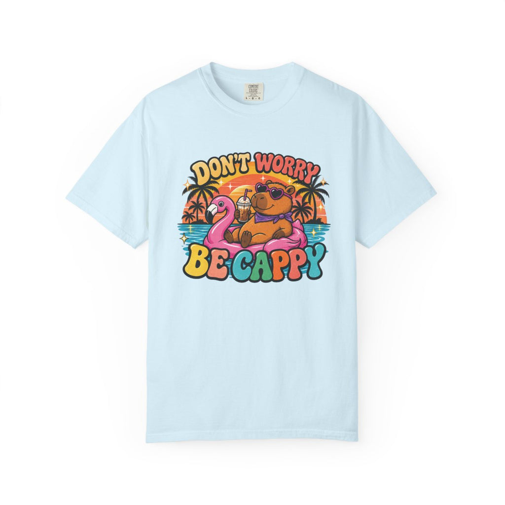 Capybara Shirt - Don't Worry Be Cappy in Chambray - original SarcasmArt design, printed on demand