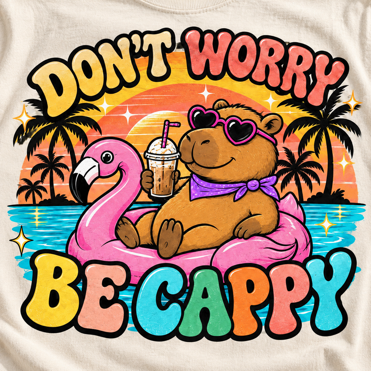 Print close-up of the "Don't Worry Be Cappy" capybara beach T-shirt by SarcasmArt in Ivory: capybara in heart sunglasses with an iced coffee on a pink flamingo pool ring, palm trees, retro sunset and colorful DON'T WORRY BE CAPPY lettering.