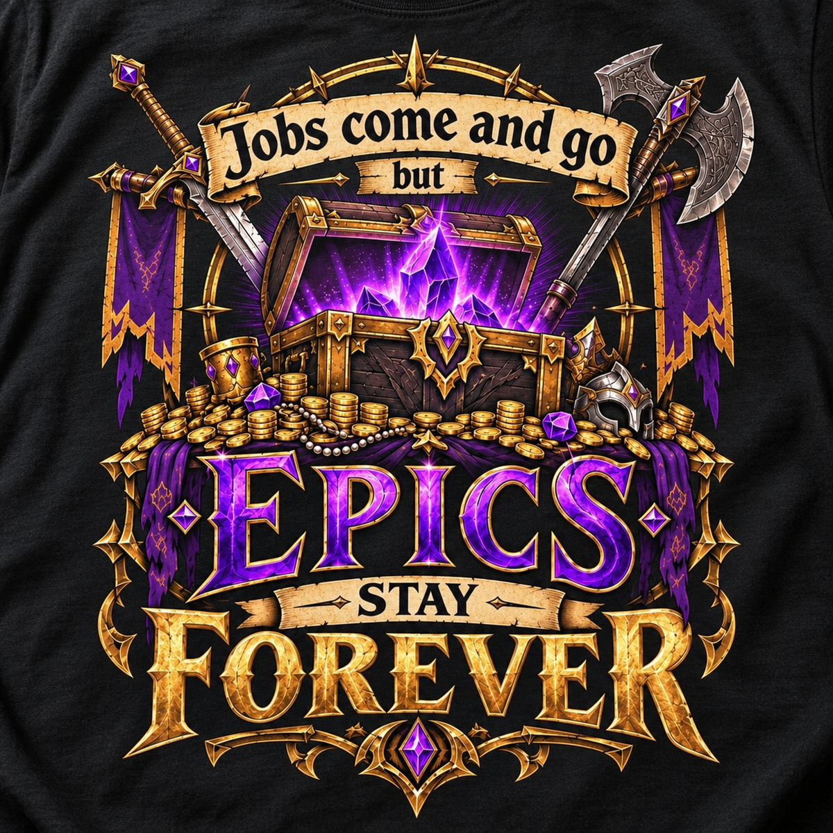 Print close-up of the "Epics Stay Forever" funny gamer T-shirt by SarcasmArt in Black: Jobs come and go but banner over a glowing purple treasure chest with gold coins, swords and axe, and gold-and-purple EPICS STAY FOREVER lettering.