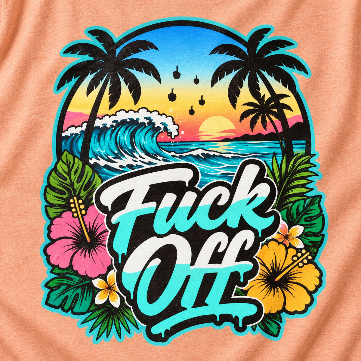 Print close-up of the "F*ck Off" retro tropical beach T-shirt by SarcasmArt in Heather Peach: retro sunset beach scene with palm trees, a big wave and hibiscus flowers behind bold white-and-turquoise script lettering.