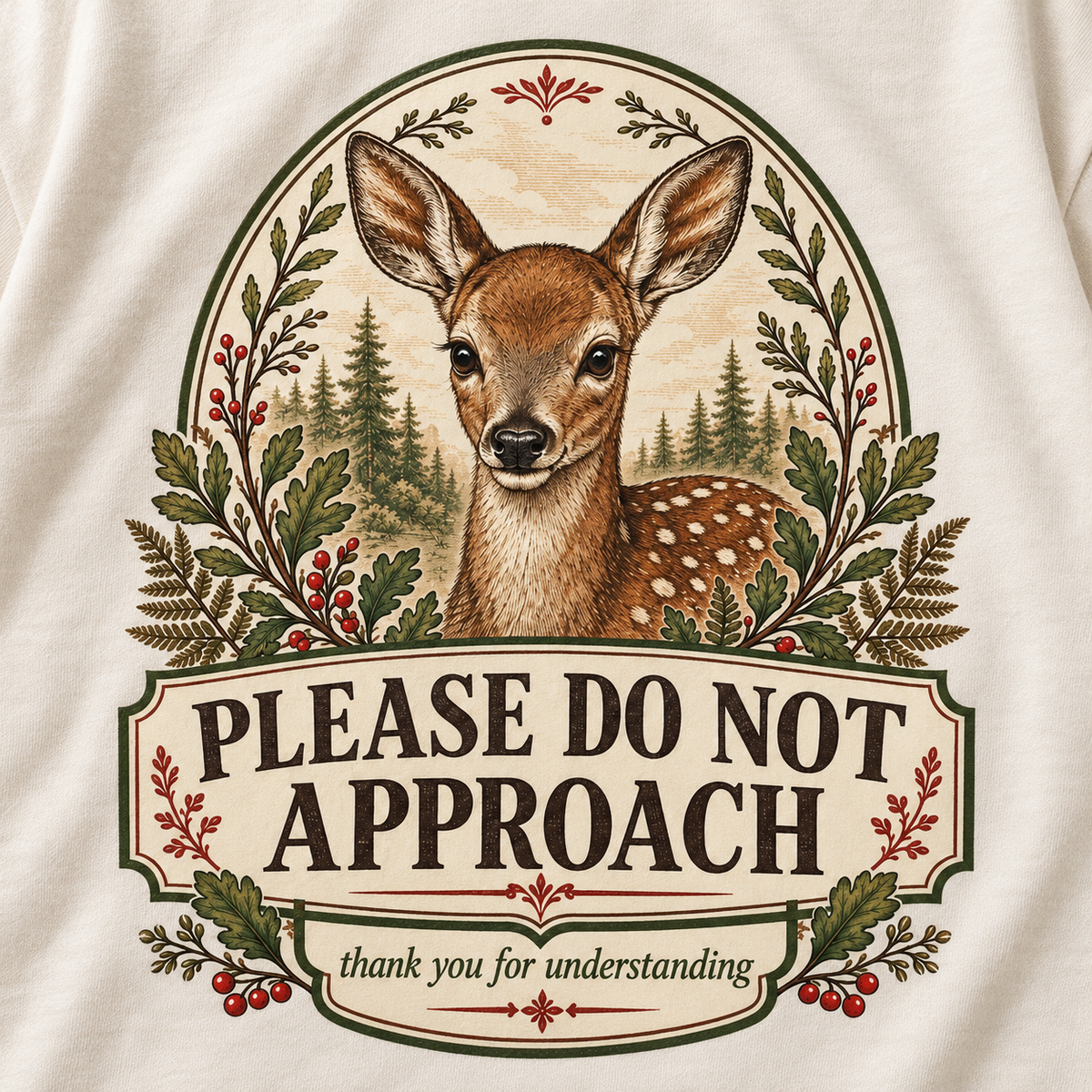 Print close-up of the "Please Do Not Approach" vintage fawn introvert T-shirt by SarcasmArt in Ivory: storybook badge with a fawn among ferns and red berries above PLEASE DO NOT APPROACH and thank you for understanding.