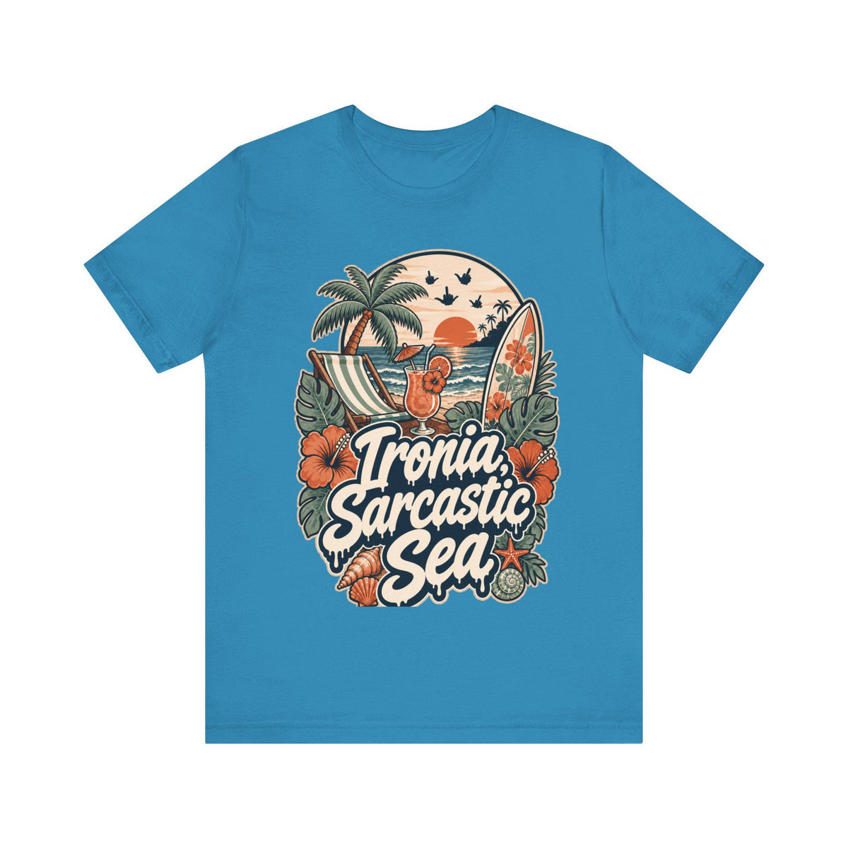 "Ironia, Sarcastic Sea" retro beach T-shirt by SarcasmArt in ocean blue on a plain background, showing a vintage tropical beach scene with palm tree, deck chair, cocktail, surfboard, sunset, hibiscus flowers and shells around the script Ironia, Sarcastic Sea.