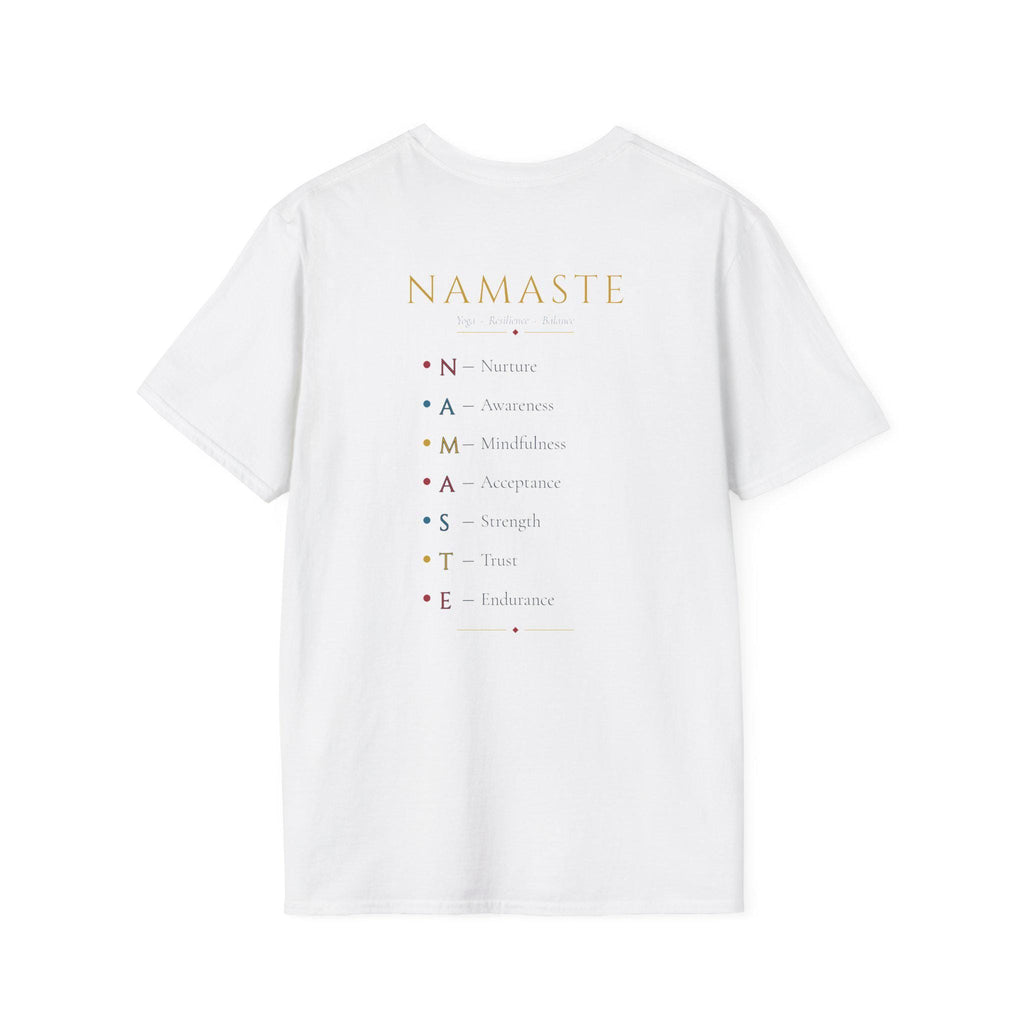 Back of the "Namaste, Motherfuckers" funny yoga T-shirt by SarcasmArt in White: printed yoga-themed text list.