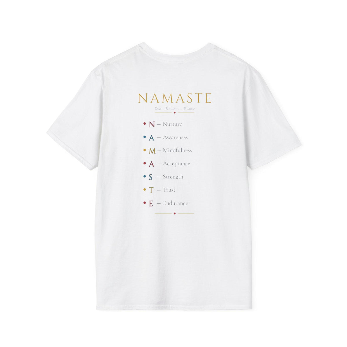 Back of the "Namaste, Motherfuckers" funny yoga T-shirt by SarcasmArt in White: printed yoga-themed text list.
