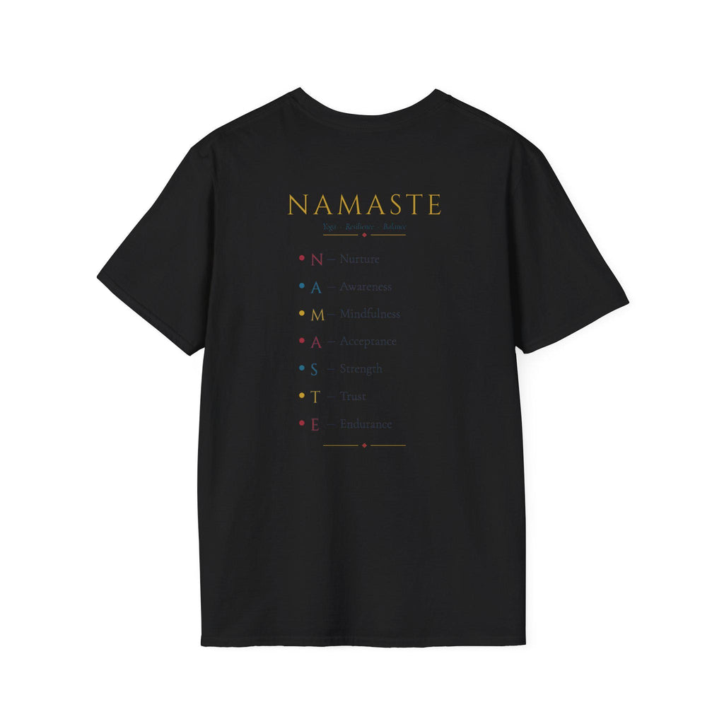 Back of the "Namaste, Motherfuckers" funny yoga T-shirt by SarcasmArt in Black: printed yoga-themed text list.