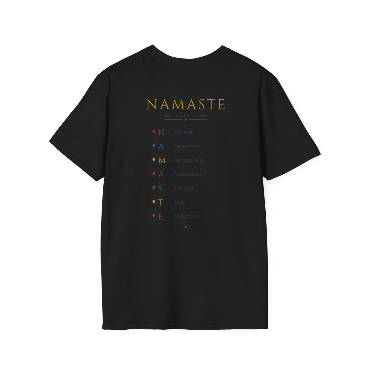 Back of the "Namaste, Motherfuckers" funny yoga T-shirt by SarcasmArt in Black: printed yoga-themed text list.