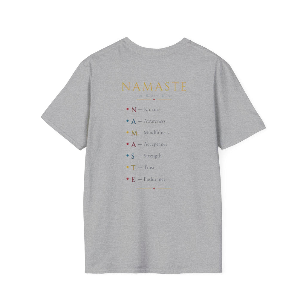 Back of the "Namaste, Motherfuckers" funny yoga T-shirt by SarcasmArt in Athletic Heather (light grey): printed yoga-themed text list.