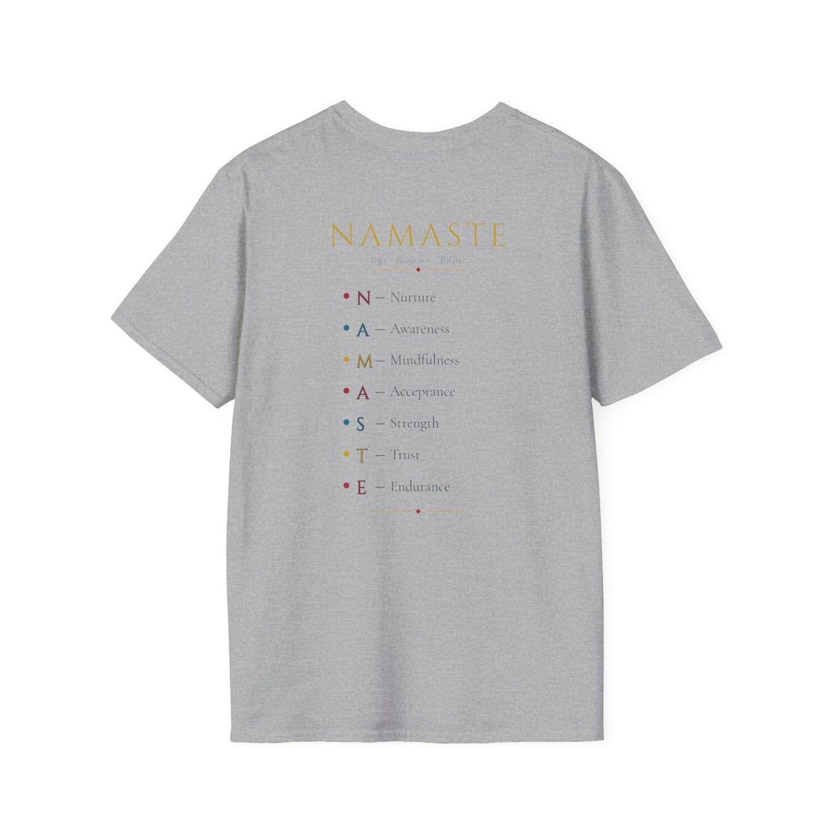 Back of the "Namaste, Motherfuckers" funny yoga T-shirt by SarcasmArt in Athletic Heather (light grey): printed yoga-themed text list.