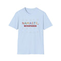 Front of the "Namaste, Motherfuckers" funny yoga T-shirt by SarcasmArt in Light Blue: colorful NAMASTE, MOTHERFUCKERS lettering with yoga pose icons.
