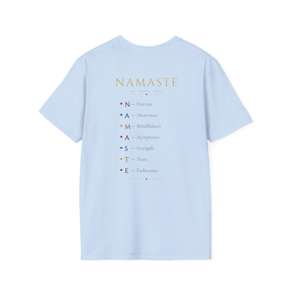 Back of the "Namaste, Motherfuckers" funny yoga T-shirt by SarcasmArt in Light Blue: printed yoga-themed text list.