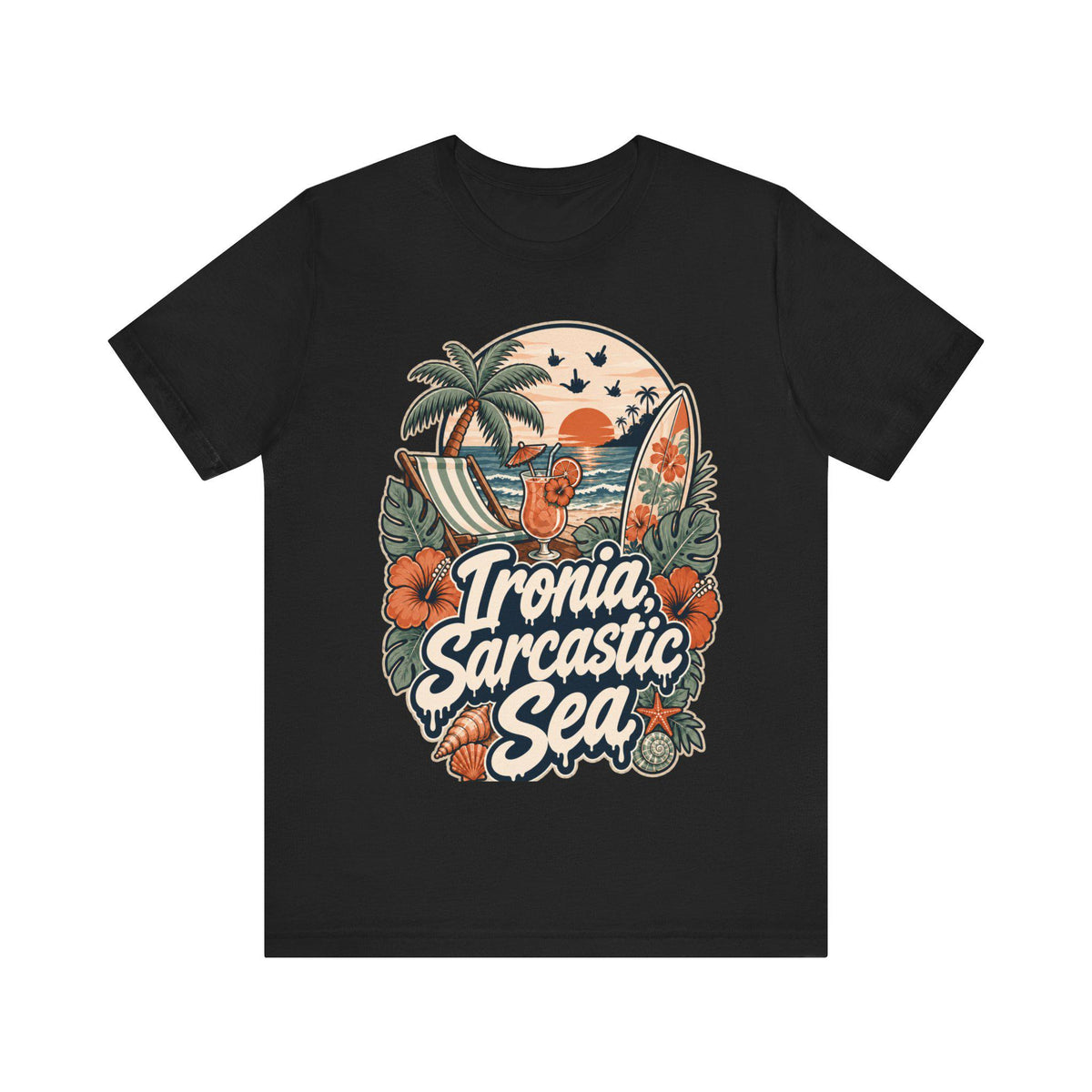 "Ironia, Sarcastic Sea" retro beach T-shirt by SarcasmArt in black on a plain background, showing a vintage tropical beach scene with palm tree, deck chair, cocktail, surfboard, sunset, hibiscus flowers and shells around the script Ironia, Sarcastic Sea.
