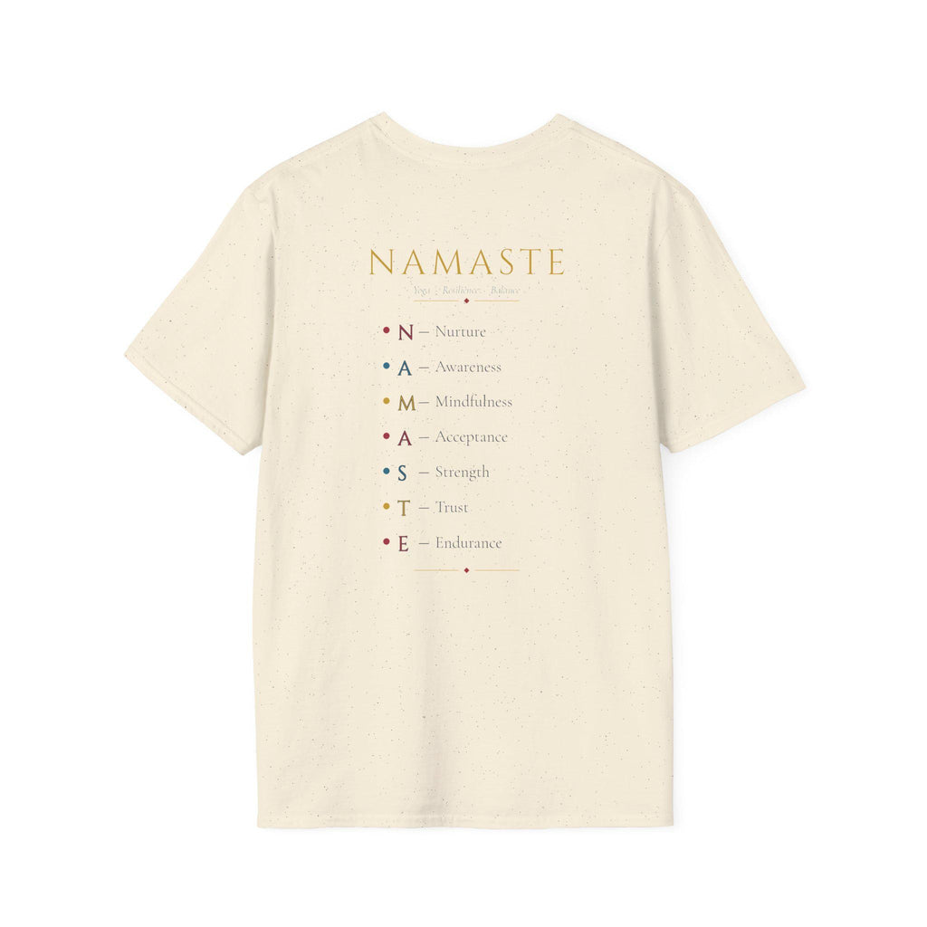 Back of the "Namaste, Motherfuckers" funny yoga T-shirt by SarcasmArt in Natural: printed yoga-themed text list.