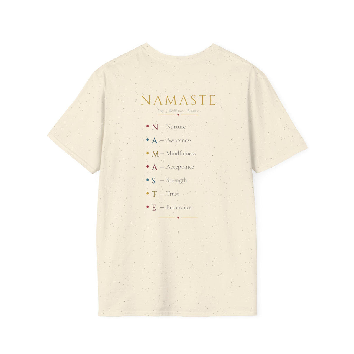 Back of the "Namaste, Motherfuckers" funny yoga T-shirt by SarcasmArt in Natural: printed yoga-themed text list.
