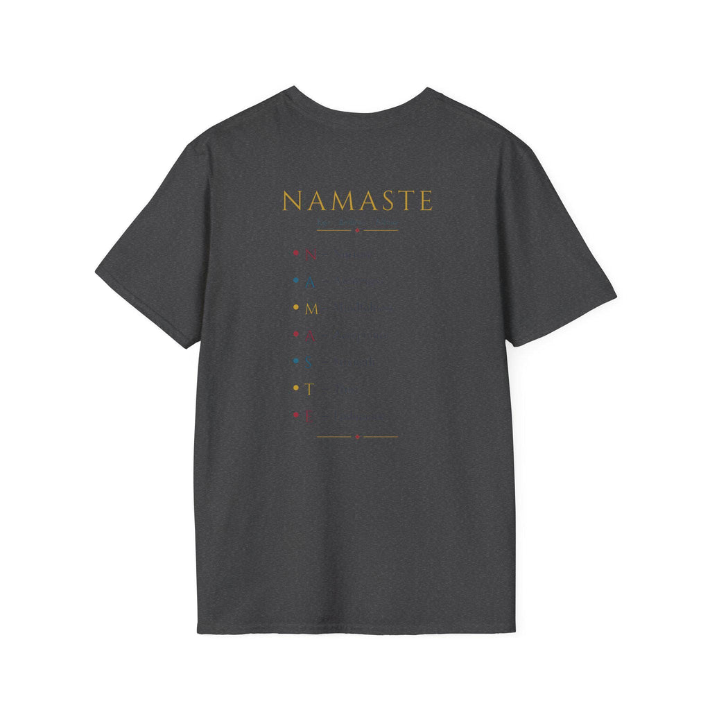 Back of the "Namaste, Motherfuckers" funny yoga T-shirt by SarcasmArt in Dark Grey: printed yoga-themed text list.