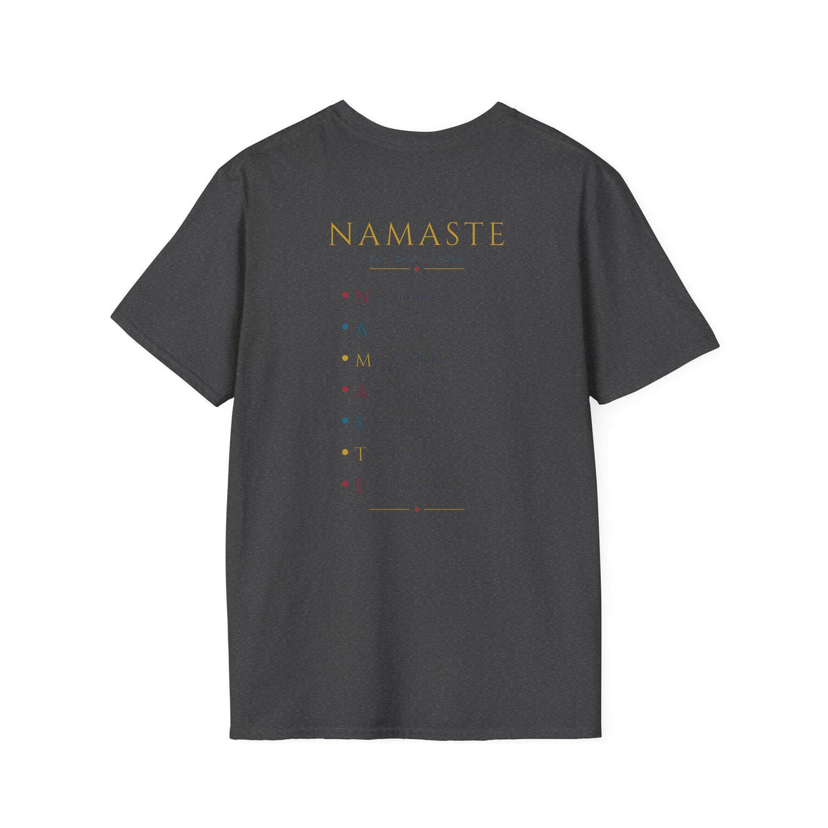 Back of the "Namaste, Motherfuckers" funny yoga T-shirt by SarcasmArt in Dark Grey: printed yoga-themed text list.