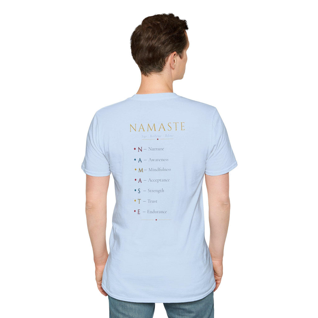 Back view of a man wearing the "Namaste, Motherfuckers" funny yoga T-shirt by SarcasmArt in Light Blue, showing the back print.