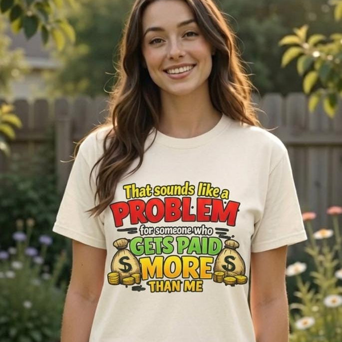 Woman in denim shorts in a garden wearing the "That Sounds Like a Problem for Someone Who Gets Paid More Than Me" sarcastic coworker T-shirt by SarcasmArt in Ivory.