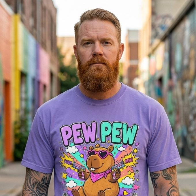 Bearded man in a colorful graffiti alley wearing the "Pew Pew Madafakas" capybara meme T-shirt by SarcasmArt in Violet.