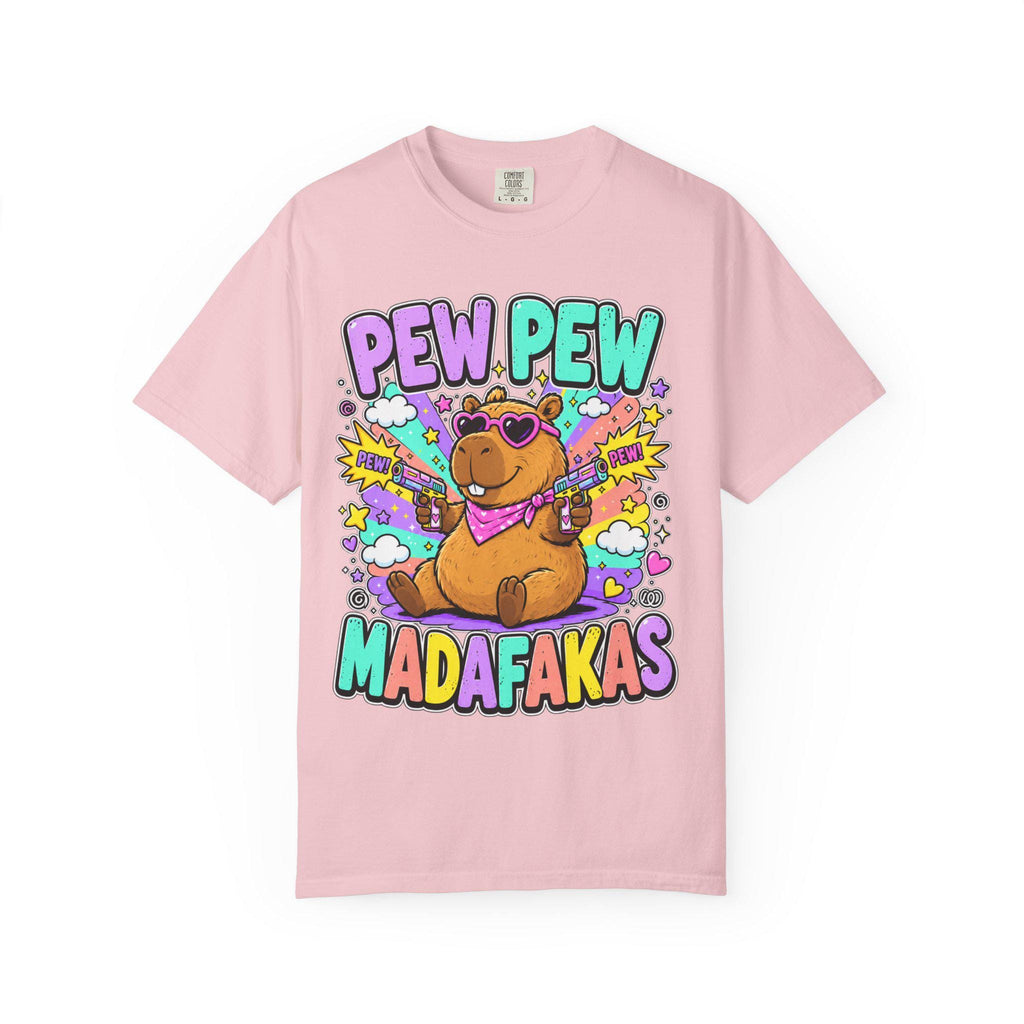 Blossom "Pew Pew Madafakas" capybara meme T-shirt by SarcasmArt on a white background.