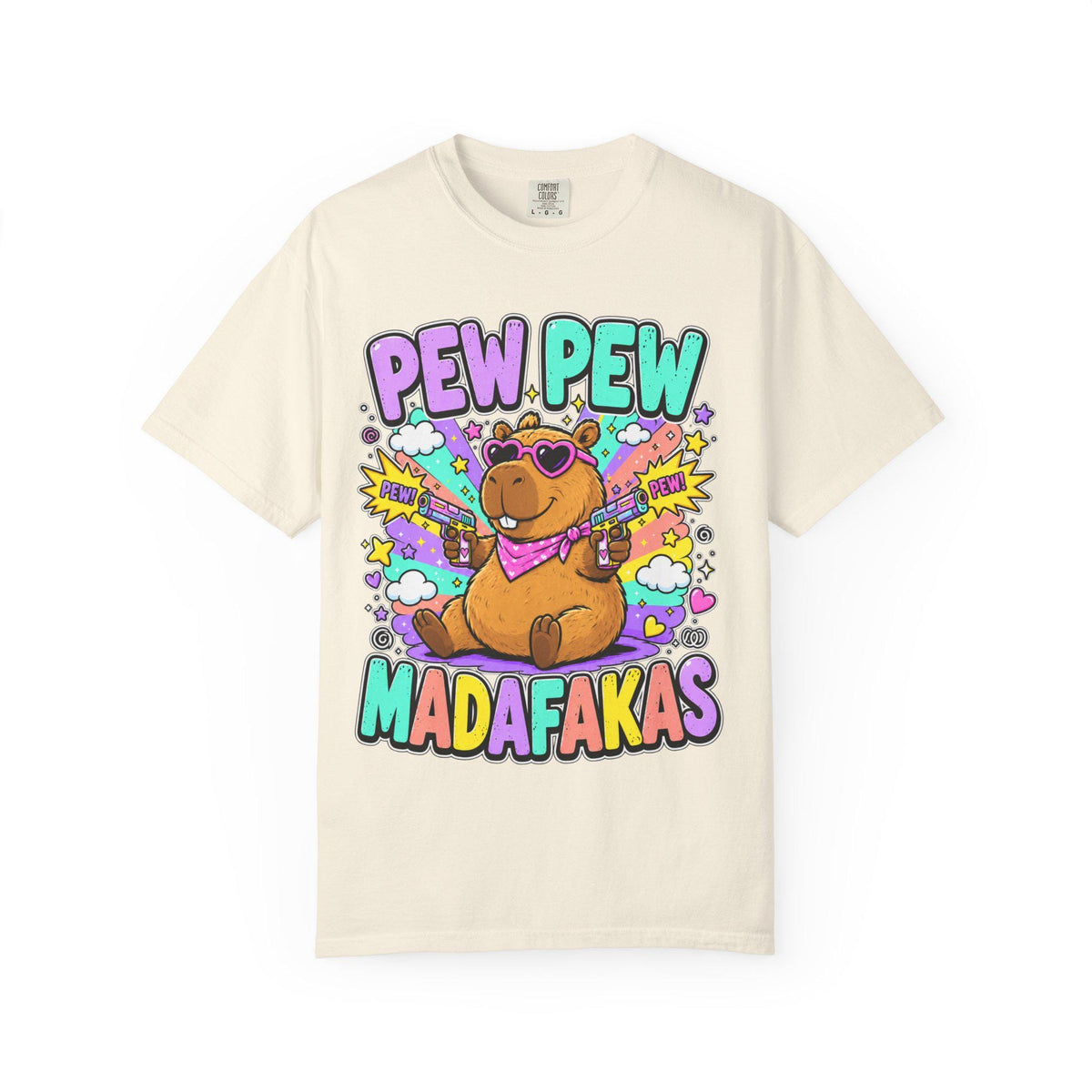 Ivory "Pew Pew Madafakas" capybara meme T-shirt by SarcasmArt on a white background.