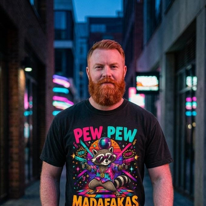 Bearded man on a neon-lit city street at night wearing the "Pew Pew Madafakas" raccoon meme T-shirt by SarcasmArt in Black.