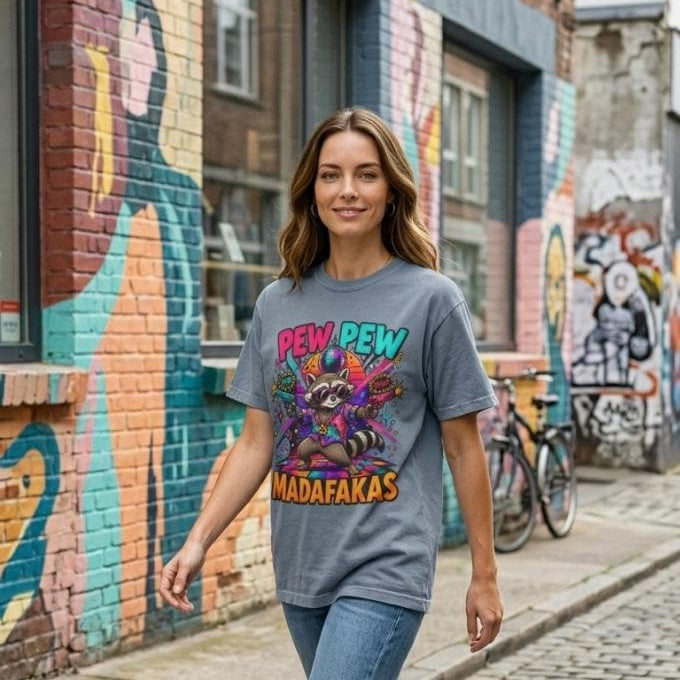 Woman walking past graffiti in an urban alley wearing the "Pew Pew Madafakas" raccoon meme T-shirt by SarcasmArt in Blue Jean.