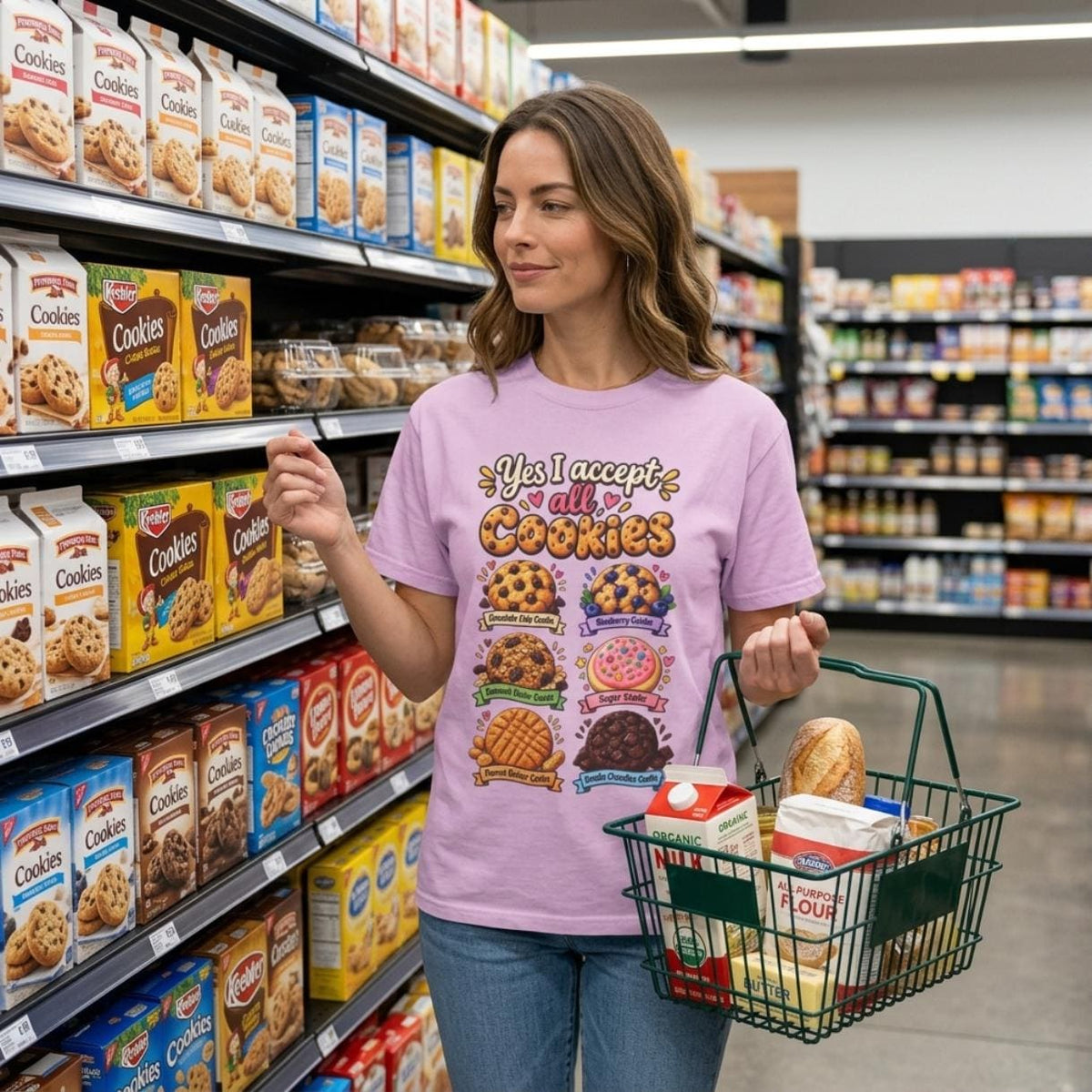 Woman shopping in a grocery store aisle wearing the "Yes, I Accept All Cookies" funny programmer T-shirt by SarcasmArt in Orchid (soft lilac).