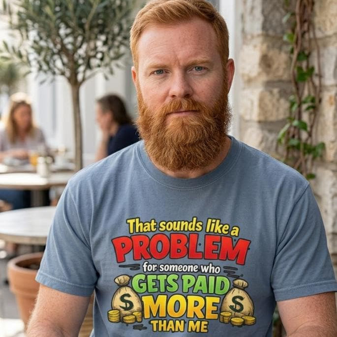 Bearded man at a café table wearing the "That Sounds Like a Problem for Someone Who Gets Paid More Than Me" sarcastic coworker T-shirt by SarcasmArt in Blue Jean.