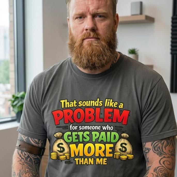Bearded man wearing the "That Sounds Like a Problem for Someone Who Gets Paid More Than Me" sarcastic coworker T-shirt by SarcasmArt in Pepper.
