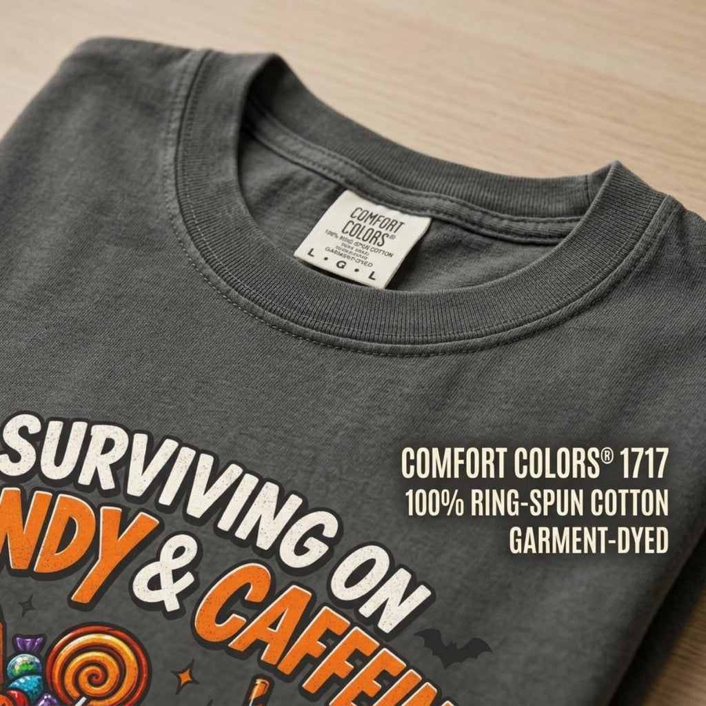 Fabric close-up of the "Surviving on Candy & Caffeine" Halloween mom T-shirt by SarcasmArt: garment-dyed Comfort Colors 1717, 100% ring-spun cotton.