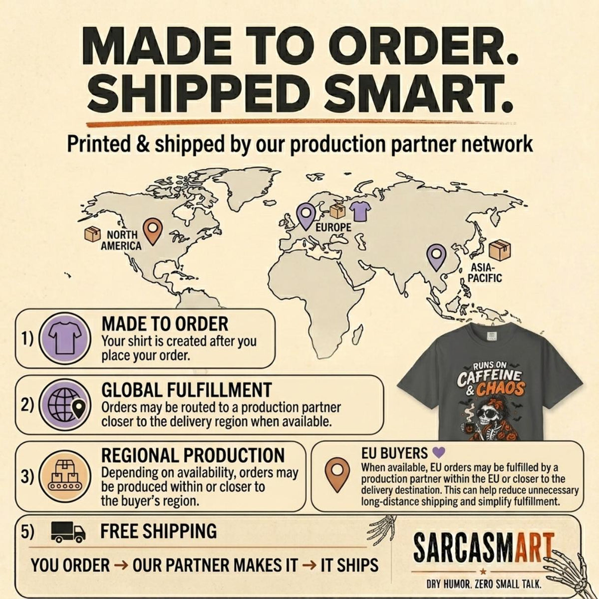 Made to order, shipped smart: the "Runs on Caffeine & Chaos" skeleton coffee Halloween T-shirt by SarcasmArt is printed and shipped by our production partner network with regional production, global fulfillment and free shipping.