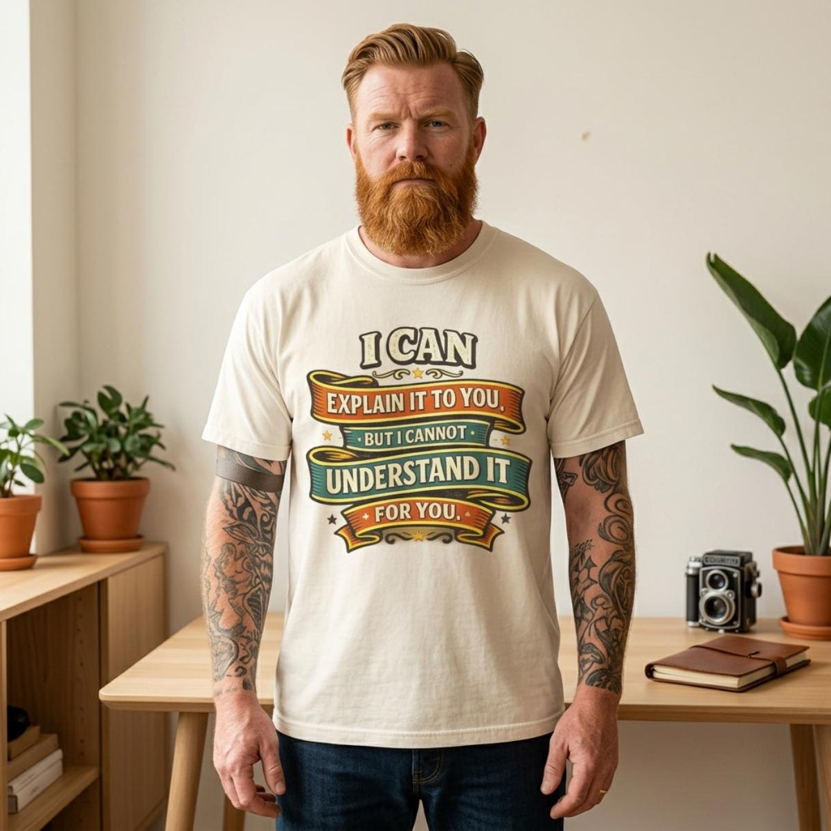 Bearded man in a cozy living room wearing the "I Can Explain It to You, But I Can't Understand It for You" sarcastic teacher T-shirt by SarcasmArt in Ivory.