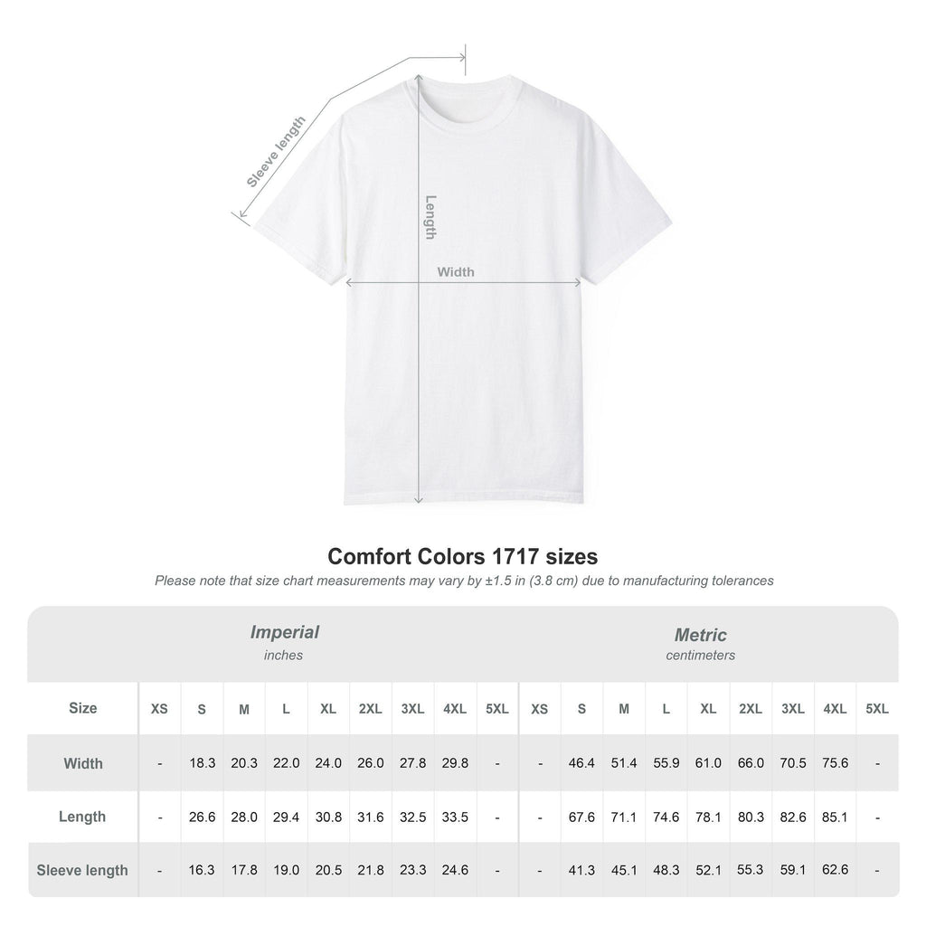 Comfort Colors 1717 size table for the "I Can Explain It to You, But I Can't Understand It for You" sarcastic teacher T-shirt by SarcasmArt: width, length and sleeve in inches and centimeters.