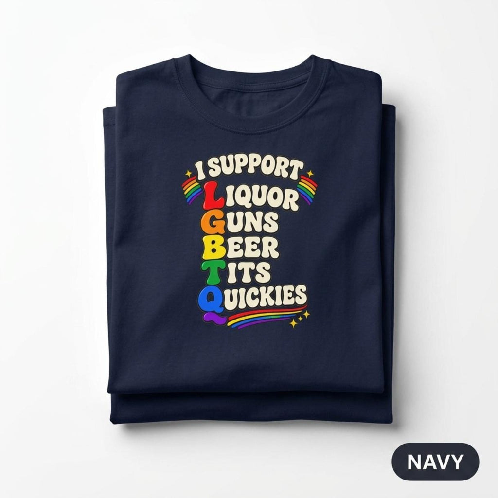 Folded "I Support LGBTQ" inappropriate adult humor T-shirt by SarcasmArt in Navy.