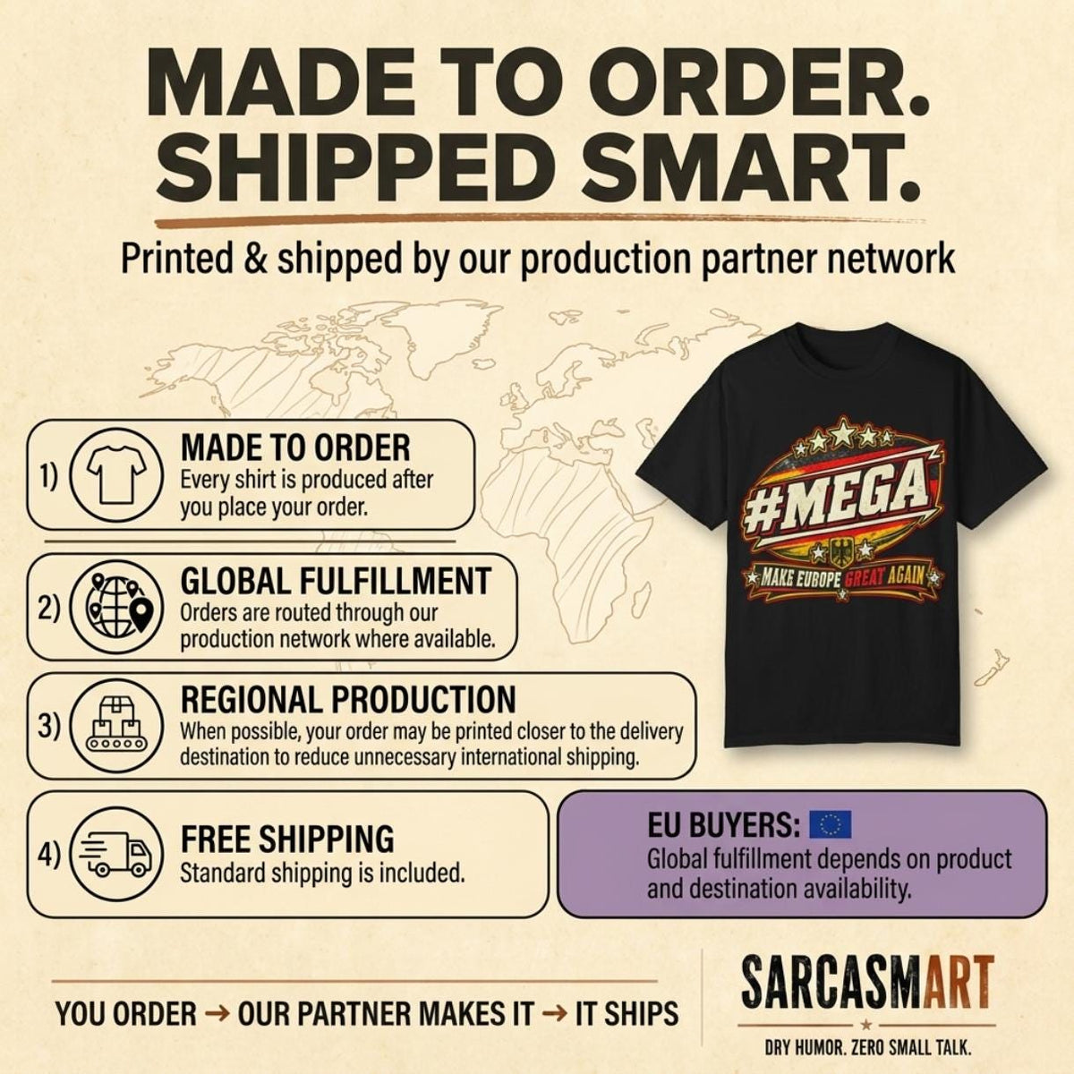 Made to order, shipped smart: the "#MEGA Make Europe Great Again" Germany T-shirt by SarcasmArt is printed and shipped by our production partner network with regional production, global fulfillment and free shipping.