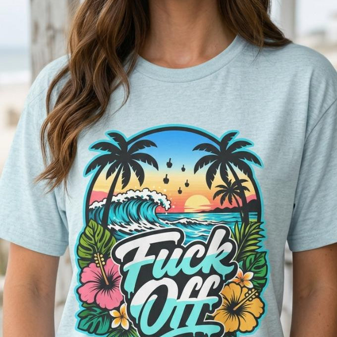 Woman wearing the "F*ck Off" retro tropical beach T-shirt by SarcasmArt in Heather Prism Ice Blue.