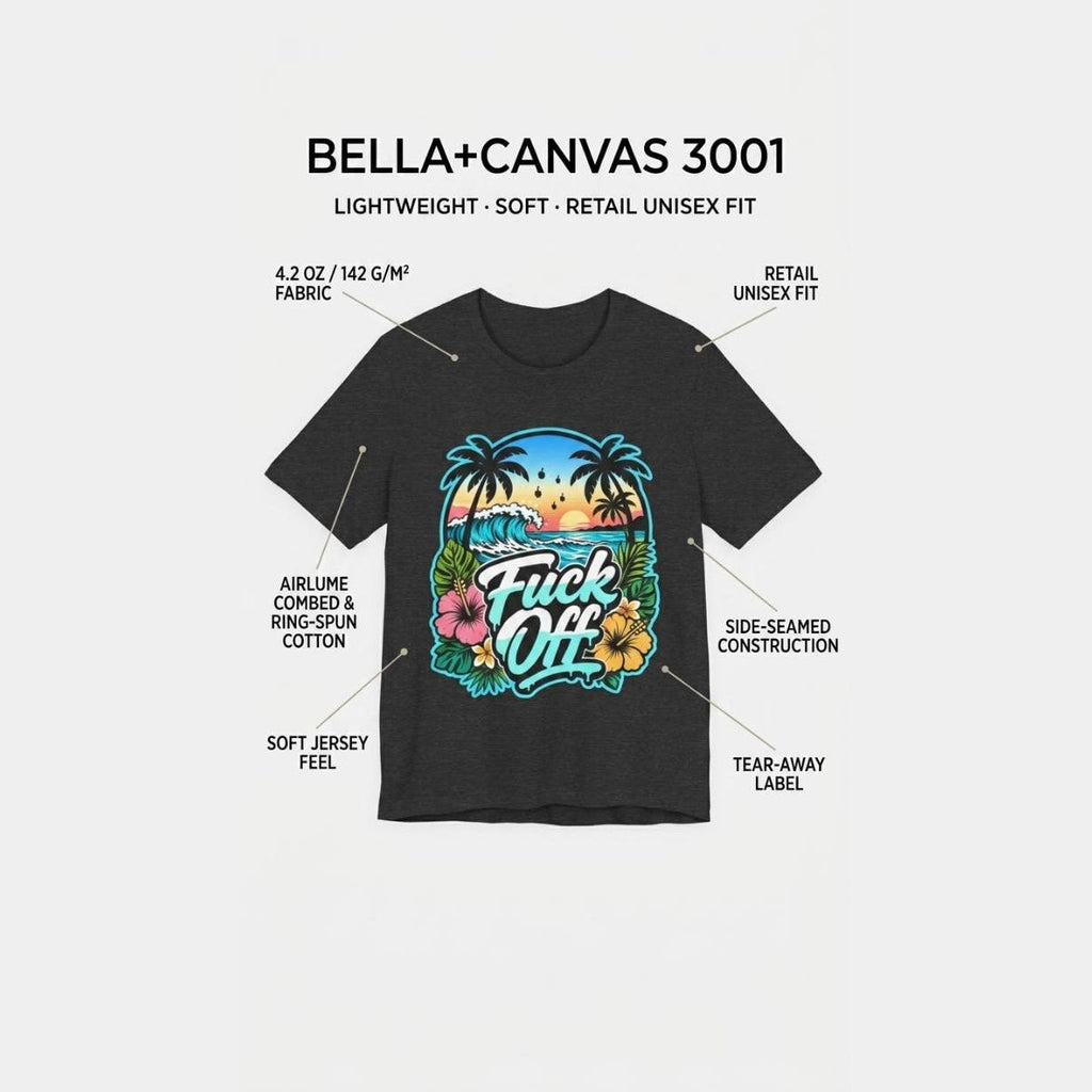 Bella+Canvas 3001 details of the "F*ck Off" retro tropical beach T-shirt by SarcasmArt: lightweight, soft retail unisex fit with shoulder taping, side seams and a crew neck.