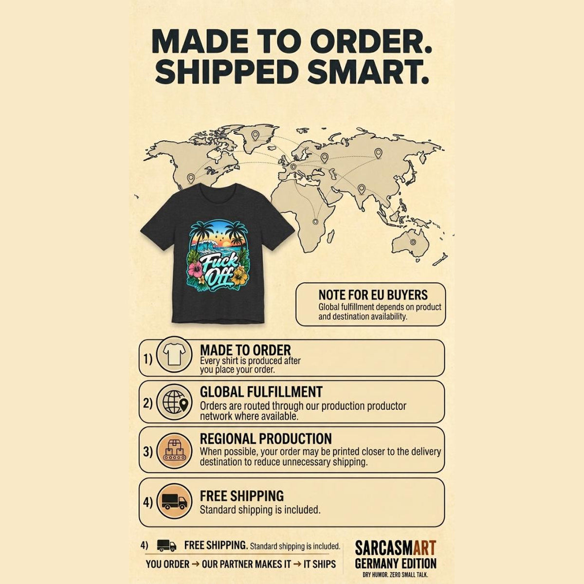 Made to order, shipped smart: the "F*ck Off" retro tropical beach T-shirt by SarcasmArt is printed and shipped by our production partner network with regional production, global fulfillment and free shipping.