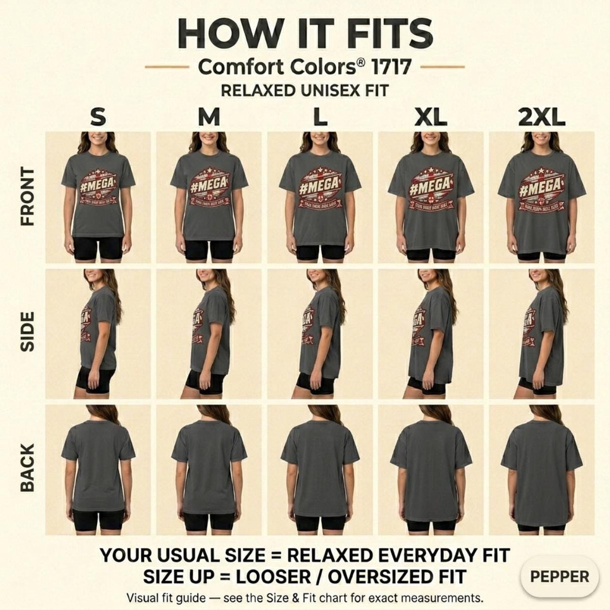 How the "#MEGA Make Europe Great Again" England T-shirt by SarcasmArt fits: front, side and back views in sizes S to 2XL – your usual size for a relaxed everyday fit, size up for oversized.