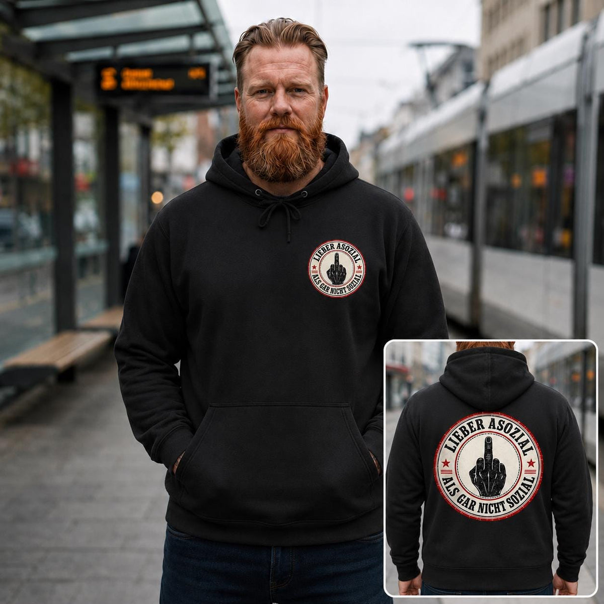 Bearded man on a train platform wearing the "Lieber asozial als gar nicht sozial" middle finger hoodie by SarcasmArt in Black, with an inset of the large back print.