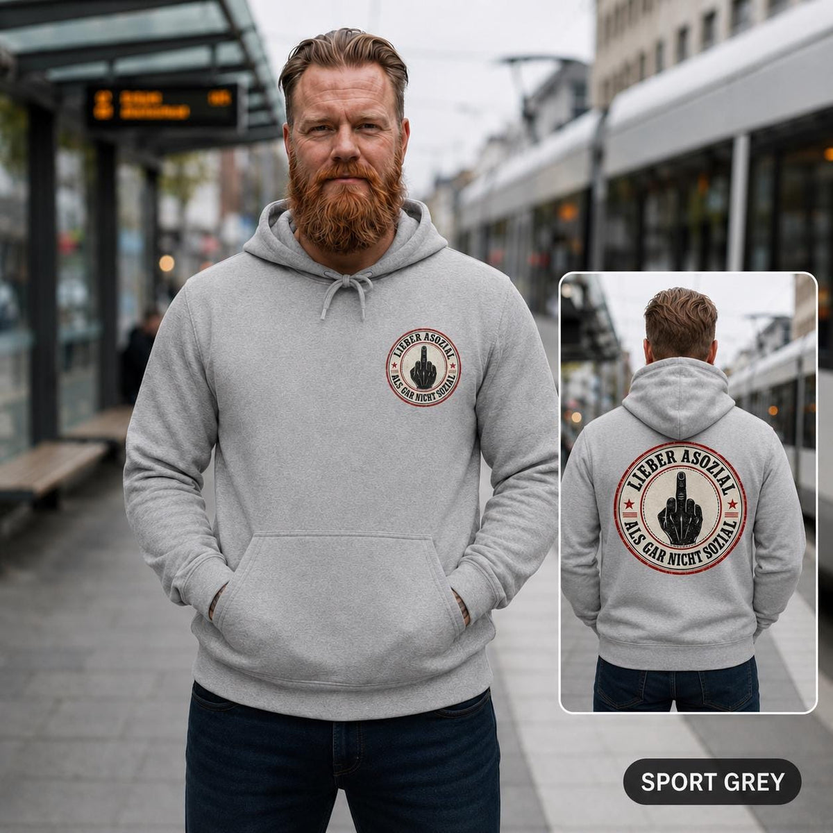 Bearded man on a train platform wearing the "Lieber asozial als gar nicht sozial" middle finger hoodie by SarcasmArt in Sport Grey, with an inset of the back print.