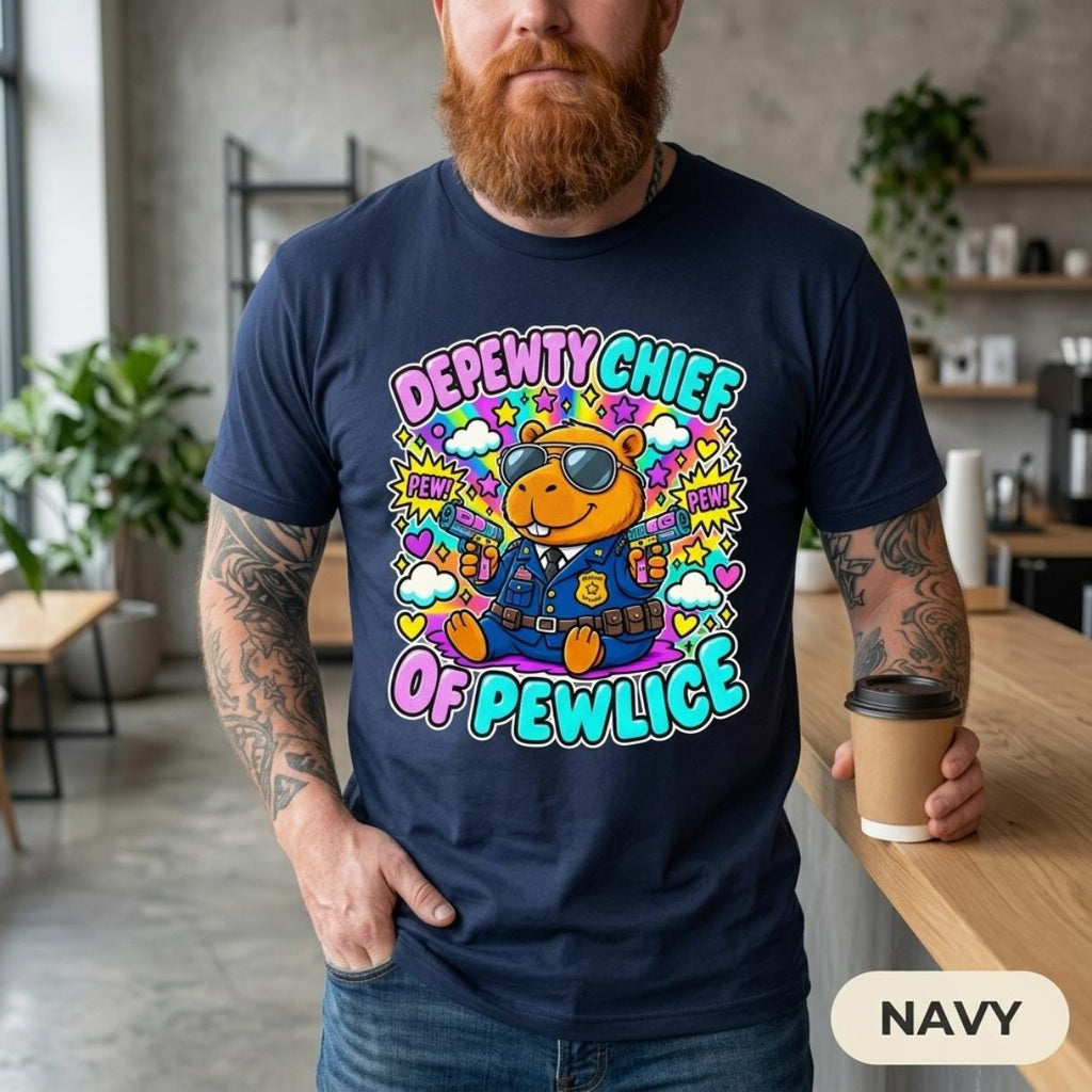 Bearded man wearing the "Depewty Chief of Pewlice" capybara meme T-shirt by SarcasmArt in Navy.