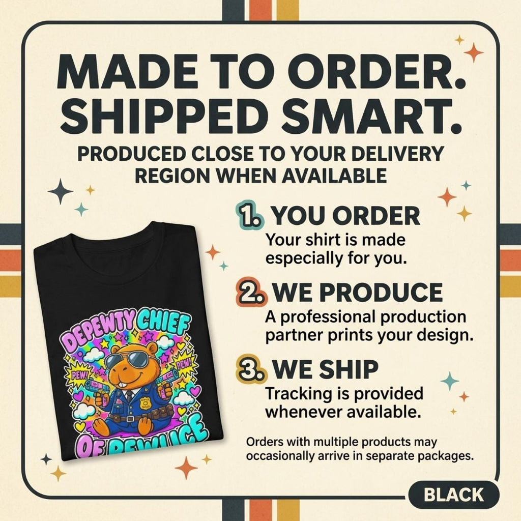 Made to order, shipped smart: the "Depewty Chief of Pewlice" capybara meme T-shirt by SarcasmArt is produced close to your delivery region when available – you order, we produce, we ship with tracking.