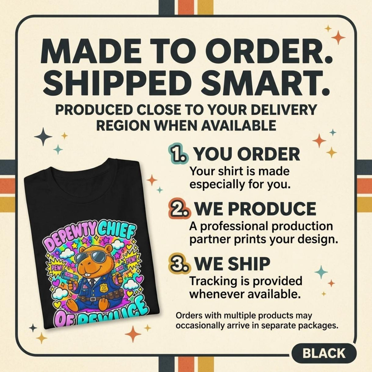 Made to order, shipped smart: the "Depewty Chief of Pewlice" capybara meme T-shirt by SarcasmArt is produced close to your delivery region when available – you order, we produce, we ship with tracking.