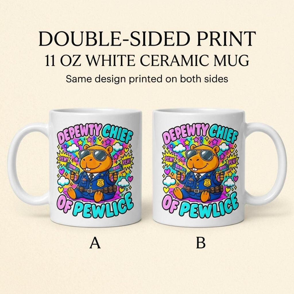 Double-sided print: side A and side B of the 11 oz white ceramic "Depewty Chief of Pewlice" capybara coffee mug by SarcasmArt show the same design.
