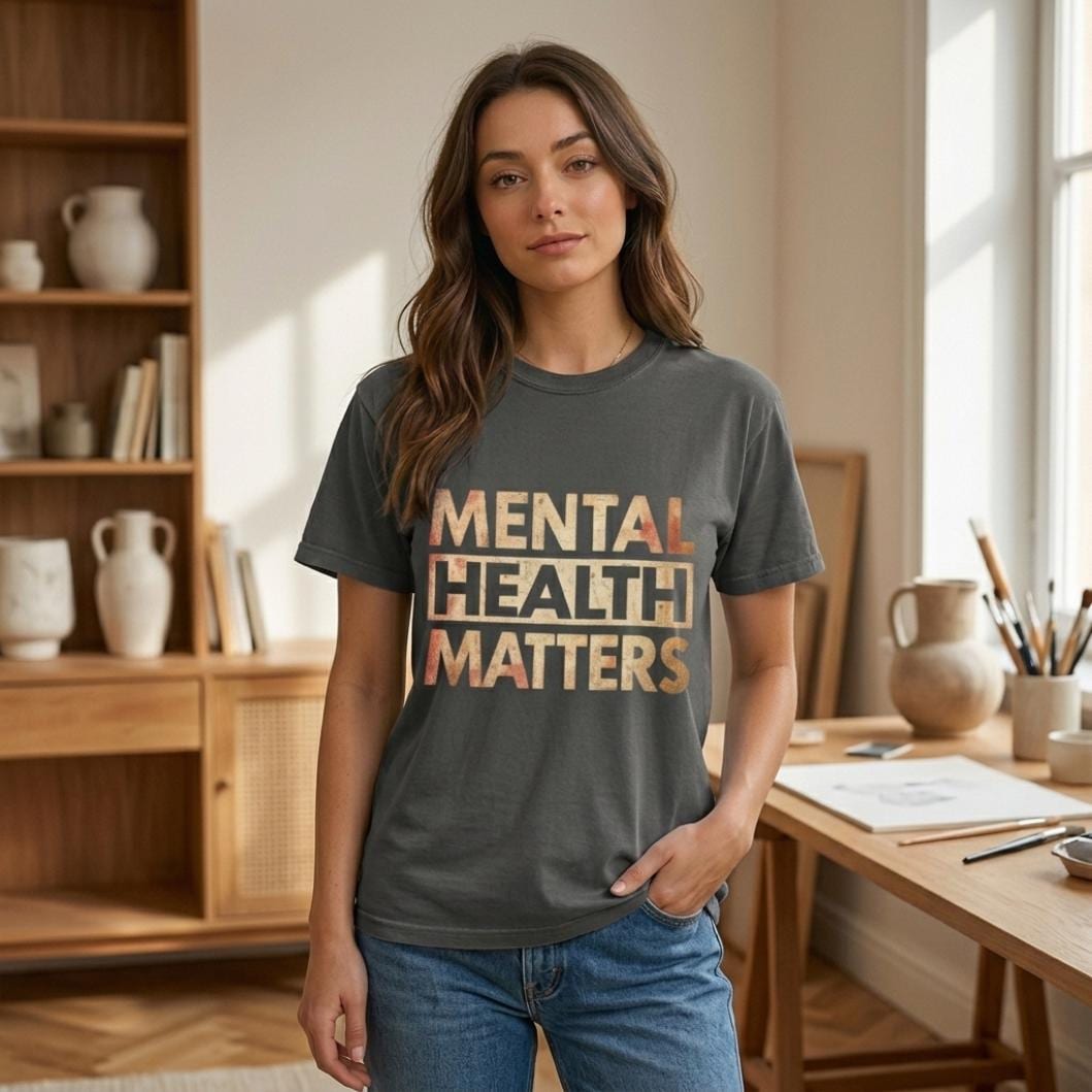 Woman in a sunny home studio wearing the "Mental Health Matters" vintage awareness T-shirt by SarcasmArt in Pepper (washed charcoal) – a Comfort Colors 1717 unisex tee with bold distressed MENTAL HEALTH MATTERS block lettering in a cream-to-gold vintage gradient.