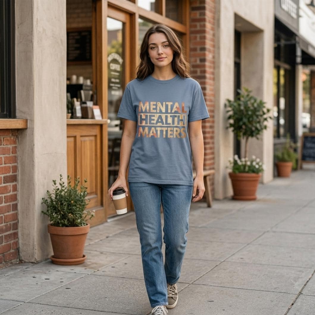 Woman walking past a café storefront wearing the "Mental Health Matters" vintage awareness T-shirt by SarcasmArt in Blue Jean.