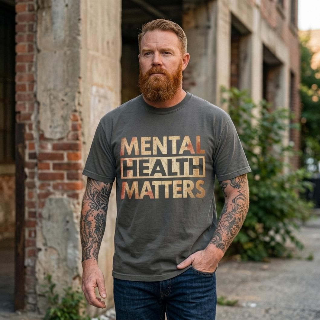 Bearded man in front of an old brick building wearing the "Mental Health Matters" vintage awareness T-shirt by SarcasmArt in Pepper.