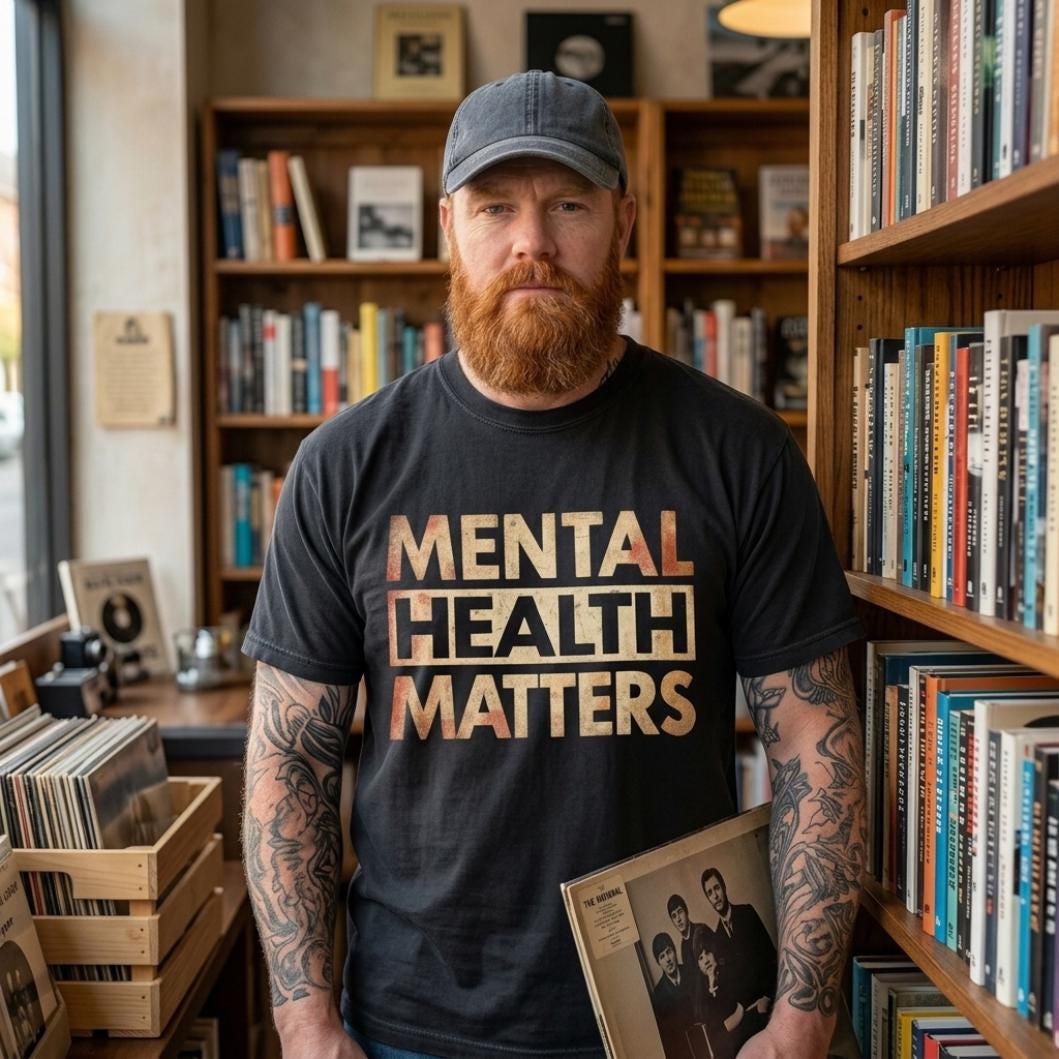Bearded man in a cap in a bookstore wearing the "Mental Health Matters" vintage awareness T-shirt by SarcasmArt in Black.